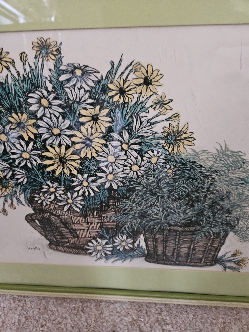 Botanical Basket Print "Yellow Daisies And Marguerites" Ida Pellei Vintage